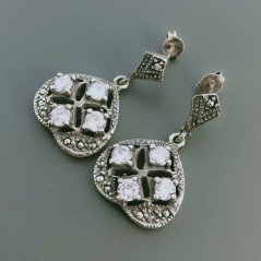 Orecchini Di Argento 925 con Zircone Rosa e Marcasita Sfaccettato a Perno Stile Etnico