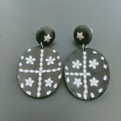 Orecchini Di Argento 925 in Legno  Lavorato a Mano Forma Ovale Liscio a Perno