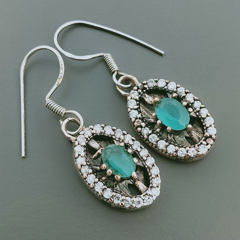 Orecchini Di Argento 925 con Radice di Smeraldo Sfaccettato con Zircone a Monachella Stile Etnico