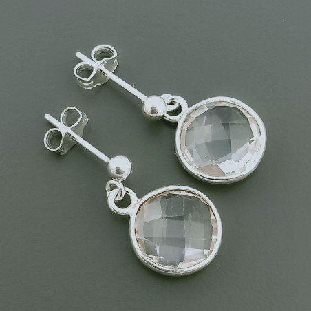 Orecchini Di Argento 925 con Cristallo di Rocca Briolette Taglio Tondo Sfaccettato a Perno