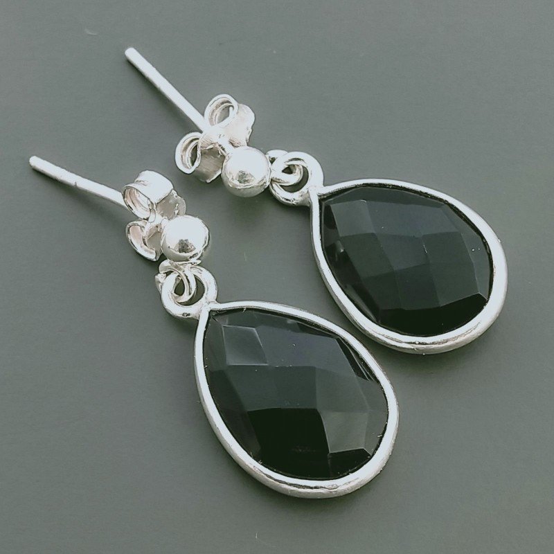 Orecchini Di Argento 925 con Onice Nera Briolette Taglio Goccia Sfaccettato a Perno