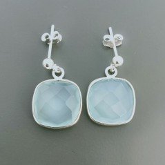 Orecchini Di Argento 925 con Calcedonia Verde Briolette Taglio Cuscino Sfaccettato a Perno