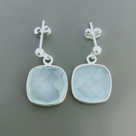 Orecchini Di Argento 925 con Calcedonia Verde Briolette Taglio Cuscino Sfaccettato a Perno