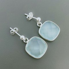 Orecchini Di Argento 925 con Calcedonia Verde Briolette Taglio Cuscino Sfaccettato a Perno