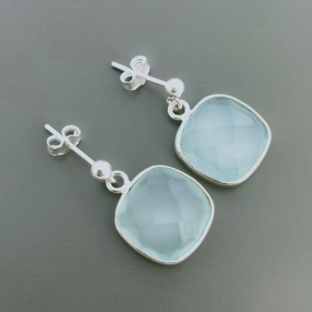 Orecchini Di Argento 925 con Calcedonia Verde Briolette Taglio Cuscino Sfaccettato a Perno