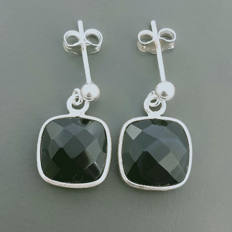 Orecchini Di Argento 925 con Onice Nera Briolette Taglio Cuscino Sfaccettato a Perno