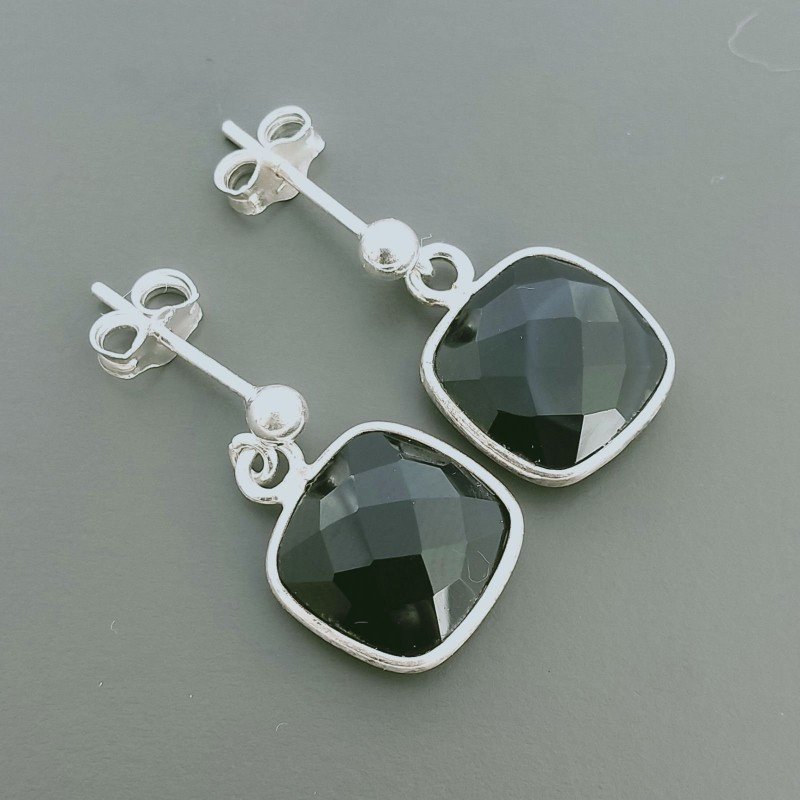 Orecchini Di Argento 925 con Onice Nera Briolette Taglio Cuscino Sfaccettato a Perno
