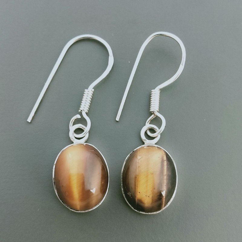 Orecchini Di Argento 925 con Occhio di Tigre Cabochon Forma Ovale a Monachelle