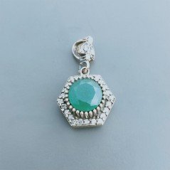 Ciondolo Di Argento 925 con Radice di Smeraldo Tondo e Zirconi Stile Etnico