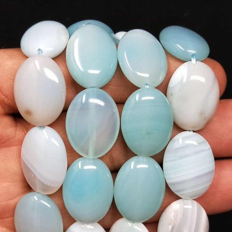 Agata Brasiliana Celeste Striata in Perline Forma Ovale Piatto Liscio Foro Passante 15x20mm