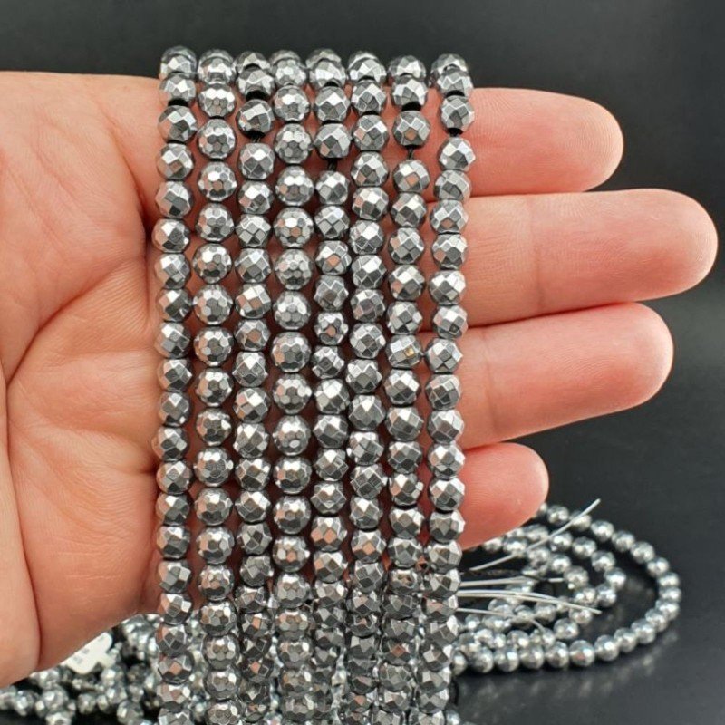 Ematite Argentato Perline Forma Tondo Sfaccettato 06mm