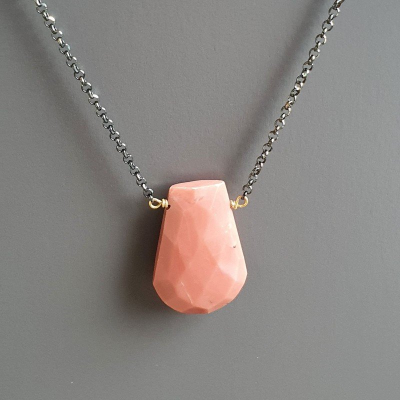 Collana Girocollo Con Catena Brunito Argento 925 E Rhodonite Gocce Piatto Sfaccettato A Mano