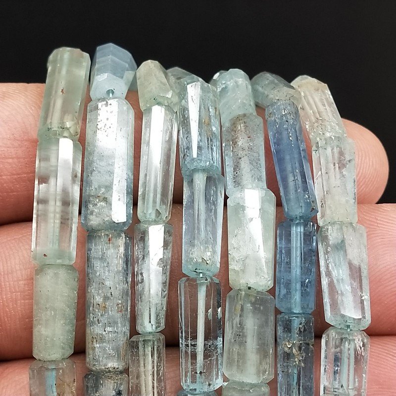 Acquamarina Naturale Perline Forma Cilindro Sfaccettato a Mano