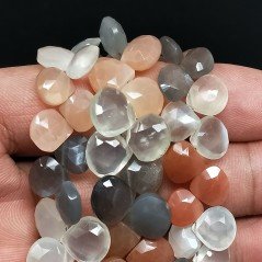 Pietra di Luna Multicolore Naturale Perline Forma Cuore Piatto Sfaccettato a Mano Foro Laterale