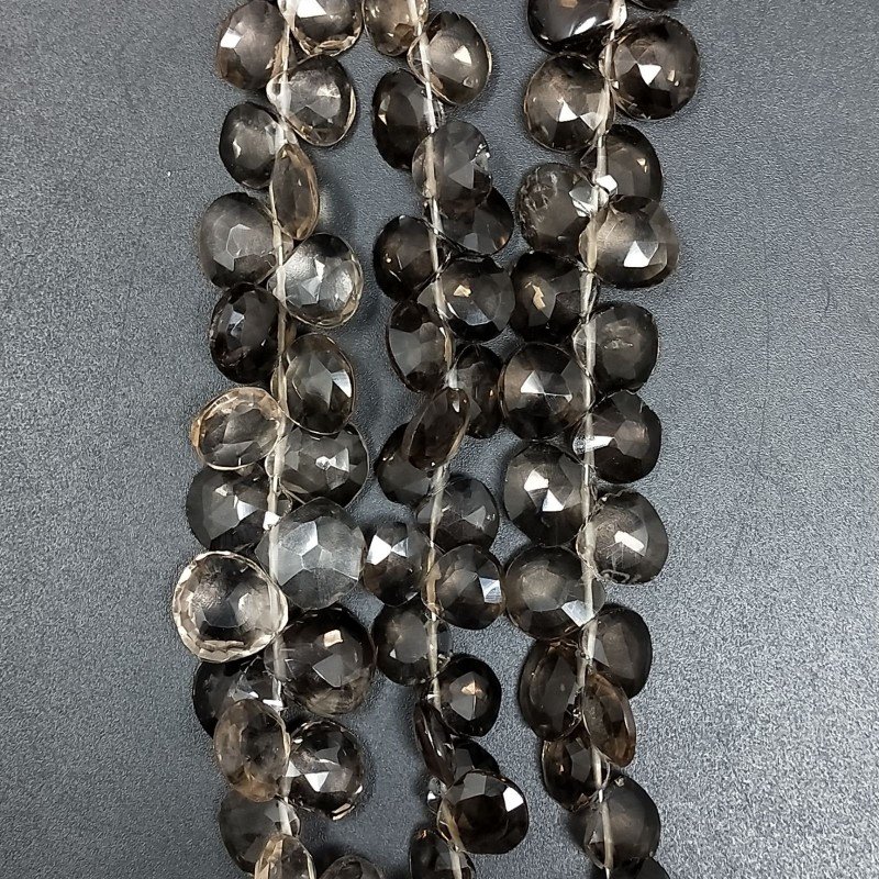 Quarzo Fume Naturale Perline Forma Cuore Piatto Sfaccettato a Mano Foro Laterale