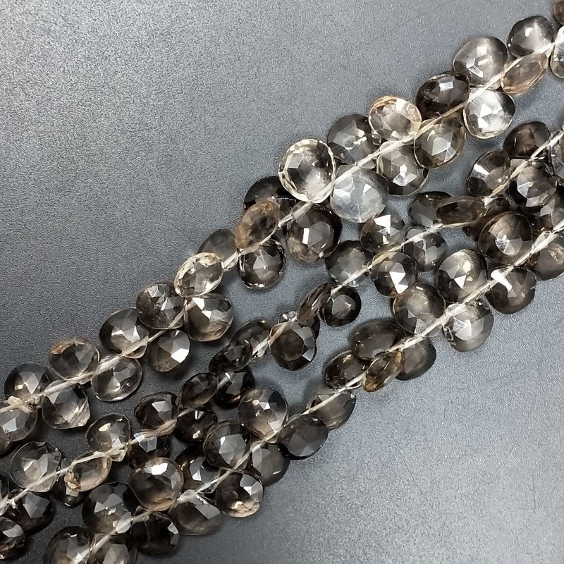 Quarzo Fume Naturale Perline Forma Cuore Piatto Sfaccettato a Mano Foro Laterale