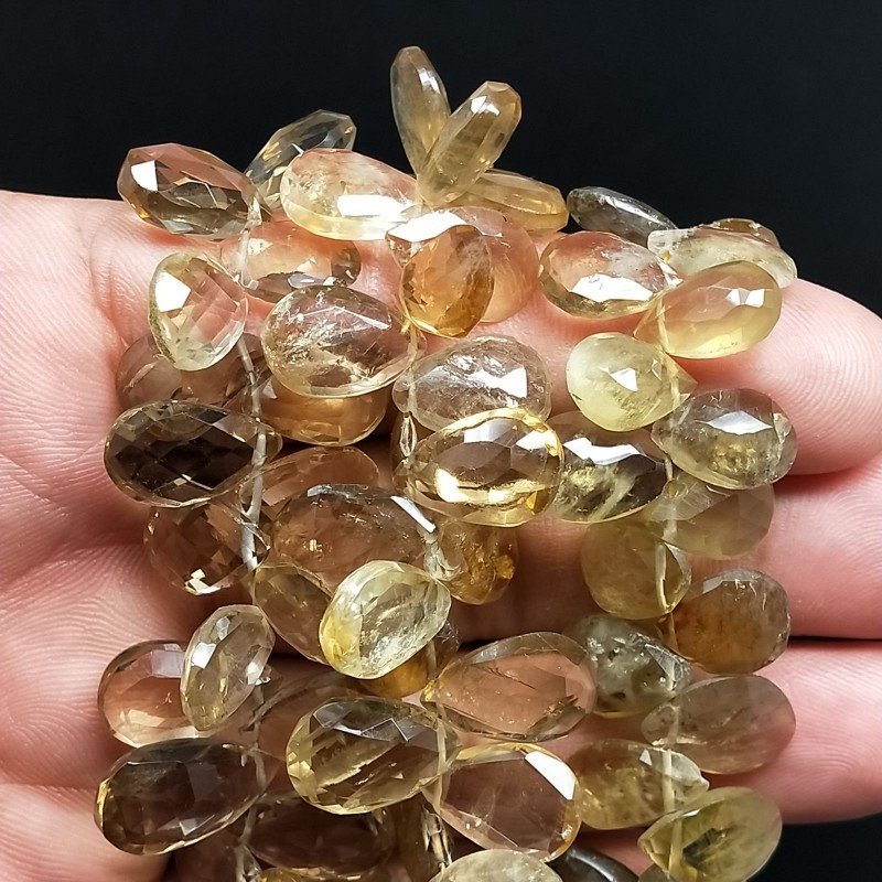 Quarzo Citrine Cognac Naturale in Perline Forma Goccia Piatto Sfaccettato a Mano Foro Laterale