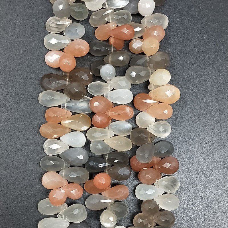 Pietra di Luna Multicolore Naturale in Perline Forma Goccia Tondo Sfaccettato a Mano Foro Laterale