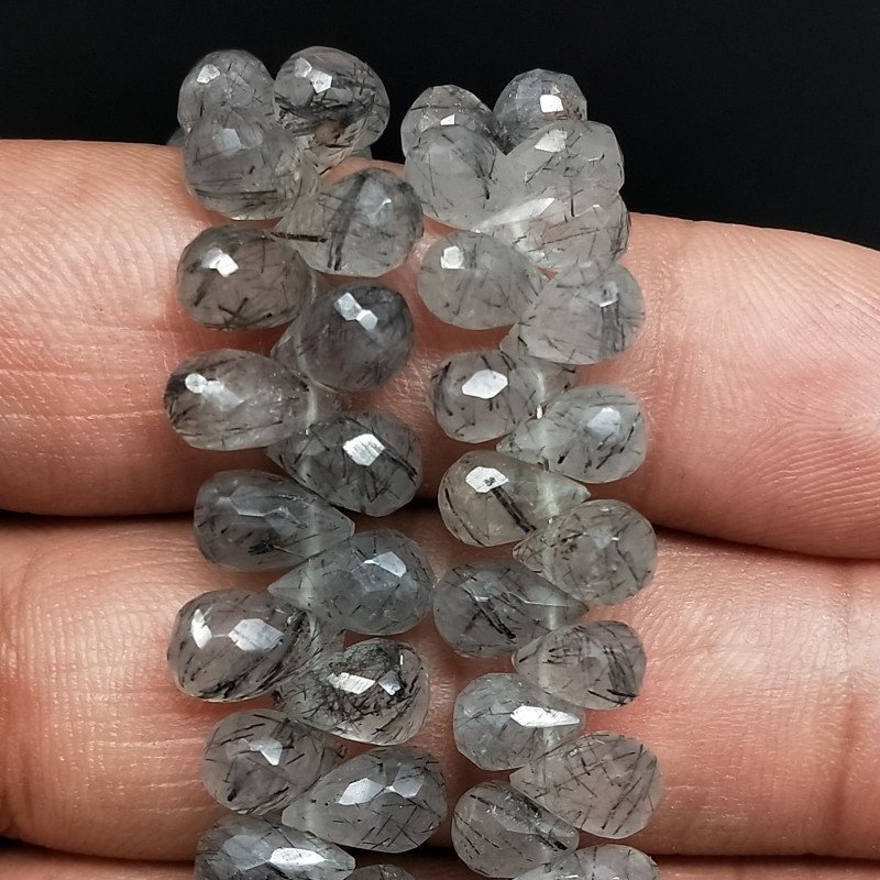 Quarzo Rutilato Tormalinato Naturale in Perline Forma Goccia Tondo Sfaccettato a Mano Foro Laterale