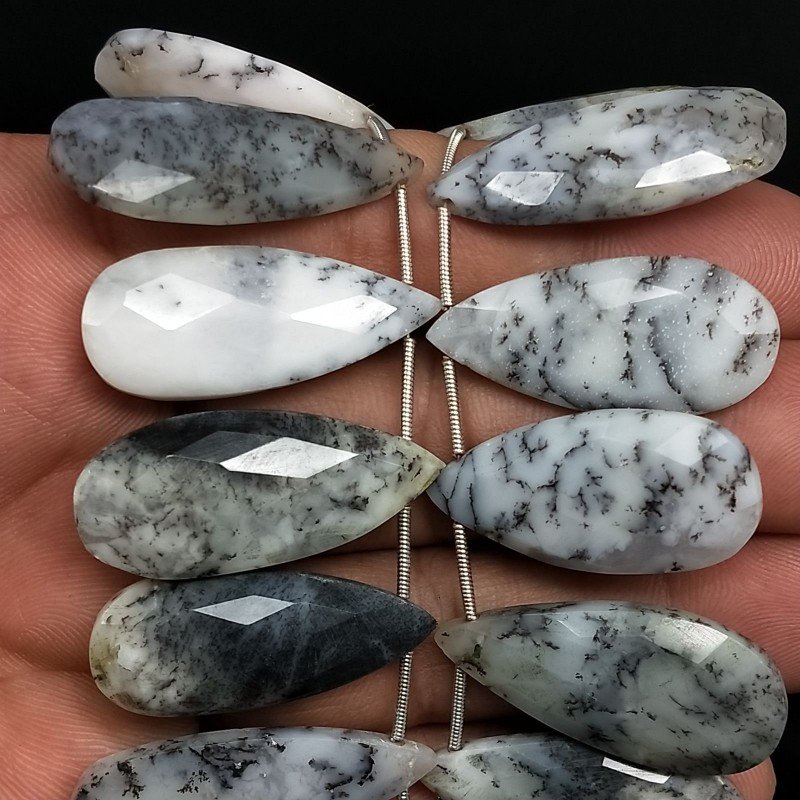 Opal Dendritica Naturale in Perline Forma Goccia Piatto Sfaccettato a Mano Foro Laterale