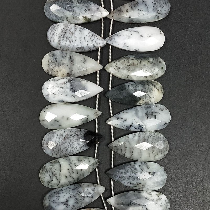 Opal Dendritica Naturale in Perline Forma Goccia Piatto Sfaccettato a Mano Foro Laterale