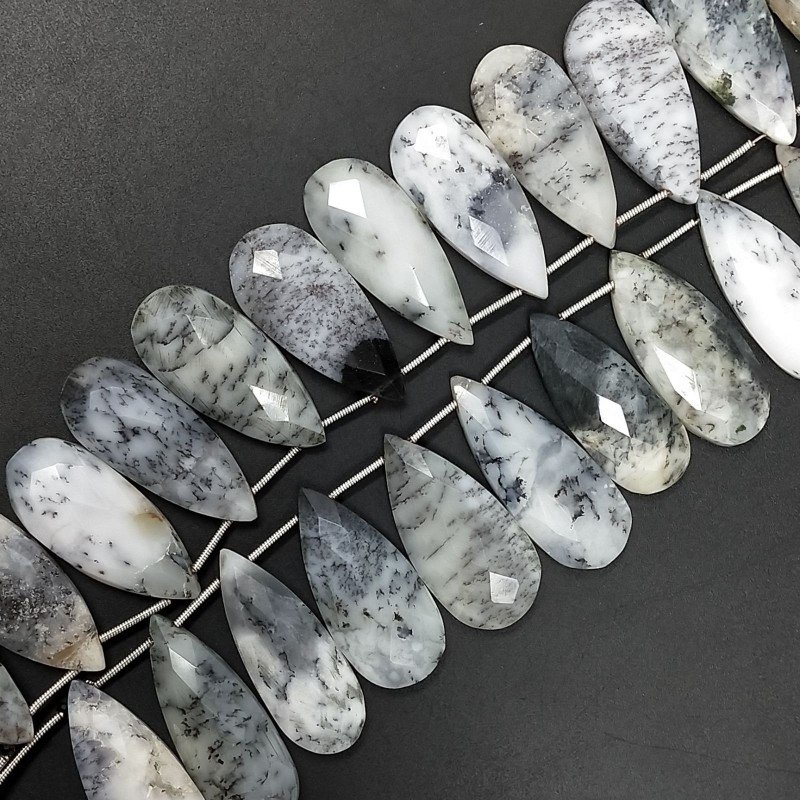 Opal Dendritica Naturale in Perline Forma Goccia Piatto Sfaccettato a Mano Foro Laterale