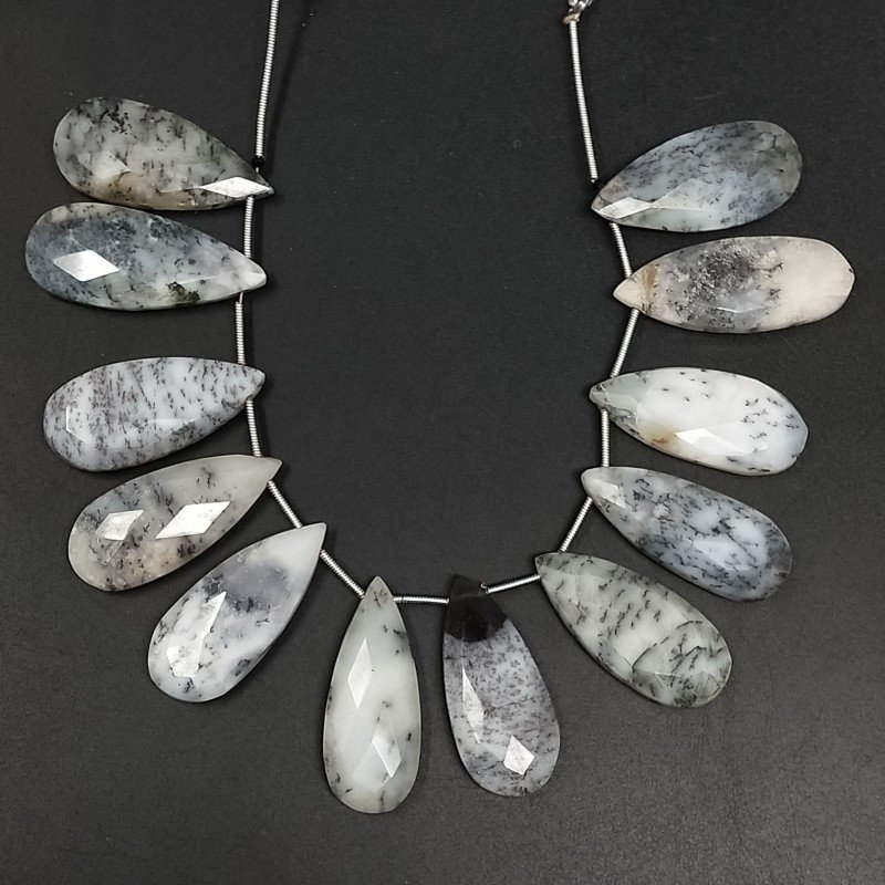 Opal Dendritica Naturale in Perline Forma Goccia Piatto Sfaccettato a Mano Foro Laterale