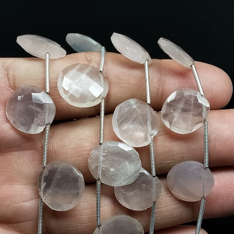 Quarzo Rosa Naturale Perline Forma Briollette Piatto Sfaccettato a Mano Foro Laterale