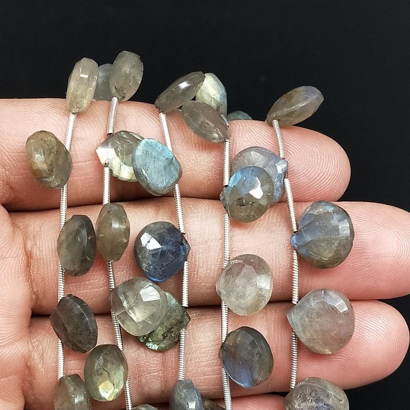 Labradorite Naturale Perline Forma Cuore Piatto Sfaccettato a Mano Foro Laterale
