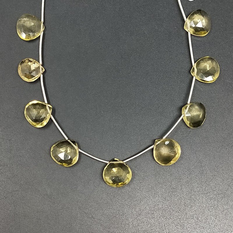 Quarzo Limone Idrotermale Perline Forma Cuore Piatto Sfaccettato a Mano Foro Laterale 12mm