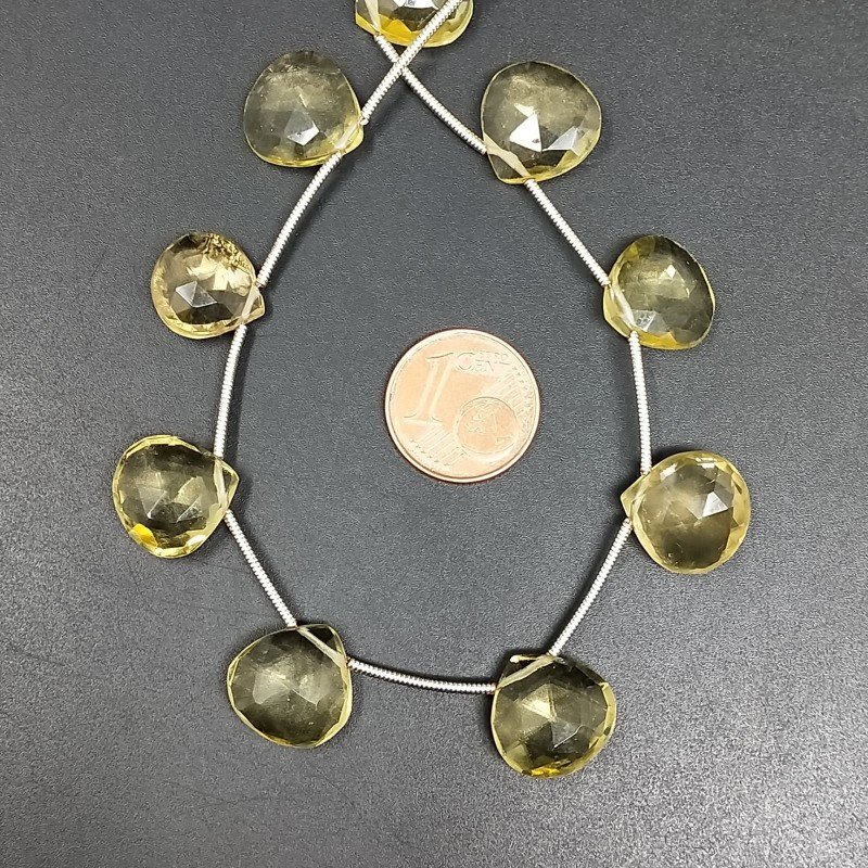 Quarzo Limone Idrotermale Perline Forma Cuore Piatto Sfaccettato a Mano Foro Laterale 12mm