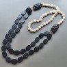 Collane agata nera ovale liscio 13x18 mm annodato con perle di fiume acqua dolce
