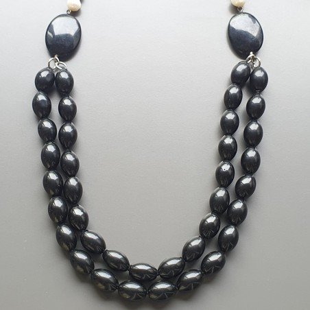 Collane agata nera ovale liscio 11x16 mm annodato con perle di fiume acqua dolce