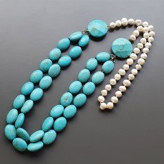 Collane pasta di turchese ovale liscio 15x19 mm annodato con perle di fiume acqua dolce