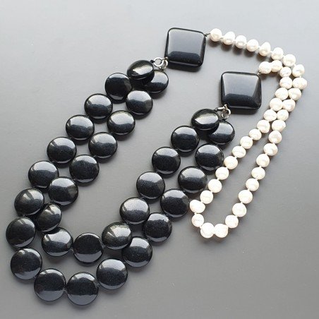 Collane agata nera moneta liscio 20 mm annodato con perle di fiume acqua dolce