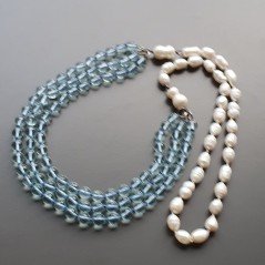 Collane cristallo acquamarina sfac tondo 8 mm annodato con perle di fiume acqua dolce