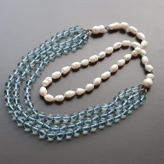Collane cristallo acquamarina sfac tondo 8 mm annodato con perle di fiume acqua dolce