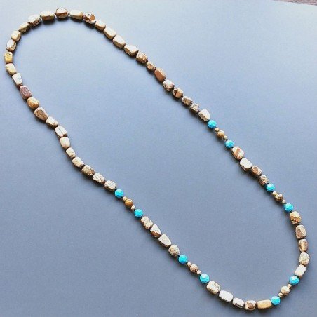 Collana pietra paesina sassi liscio e pietre dure miste e argento indiano annodato