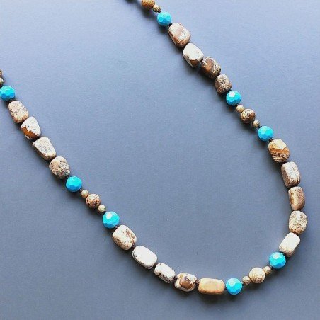 Collana pietra paesina sassi liscio e pietre dure miste e argento indiano annodato