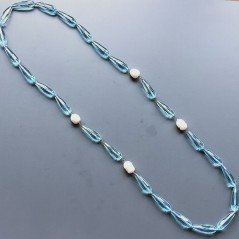 Collana cristallo acquamarina gocce sfac 10x29 mm con perle di fiume annodato e centrale a rosario