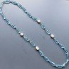 Collana cristallo acquamarina gocce sfac 10x29 mm con perle di fiume annodato e centrale a rosario