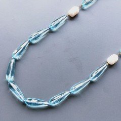 Collana cristallo acquamarina gocce sfac 10x29 mm con perle di fiume annodato e centrale a rosario