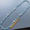 Collana cristallo acquamarina gocce sfac 10x29 mm con perle di fiume annodato e centrale a rosario