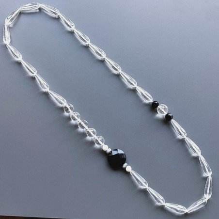Collana cristallo di rocca gocce sfac 10x 29 mm e sferico 14 mm sfac con centrale pietre dure miste annodato