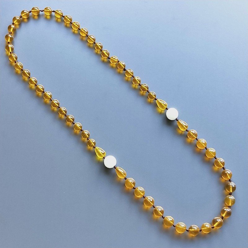 Collana cristallo ambra sferico sfac 10-12 mm con centrale pietr dure miste annodato