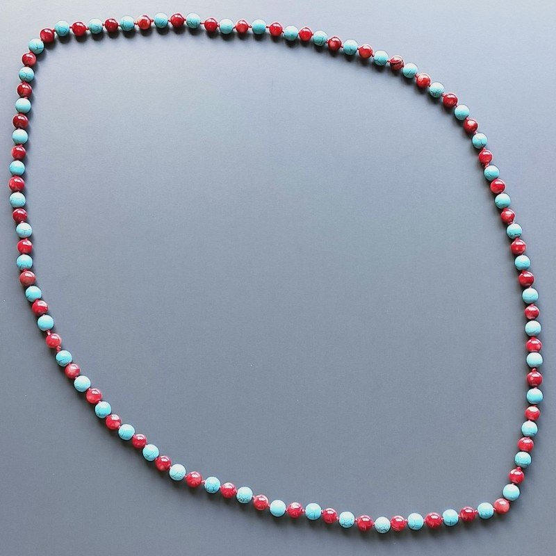 Collana pasta di turchese sferico liscio 8 mm annodato e corallo bamboo sferico 7 mm
