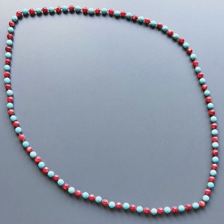 Collana pasta di turchese sferico liscio 8 mm annodato e corallo bamboo sferico 7 mm