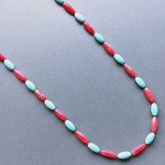 Collana pasta di turchese ovale liscio 6x12 e corallo di bamboo gocce liscio 5x14 mm annodato
