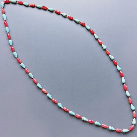Collana pasta di turchese gocce liscio 7x13 mm e corallo bamboo gocce liscio 5x12 mm annodato