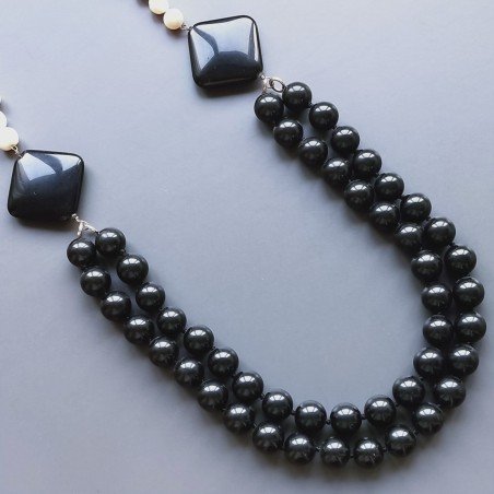 Collane agata nera tondo liscio annodato 12mm con perle di fiume acqua dolce
